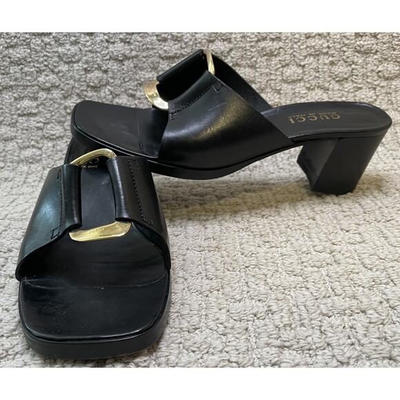 Gucci Black Leather Gold Buckle Slides Mules 9 Box EUC Sandals Shoes COA - Picture 2 of 16